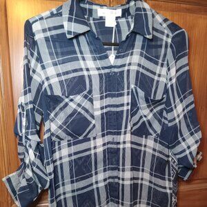 3/4 sleeve plaid shirt ,sheer
